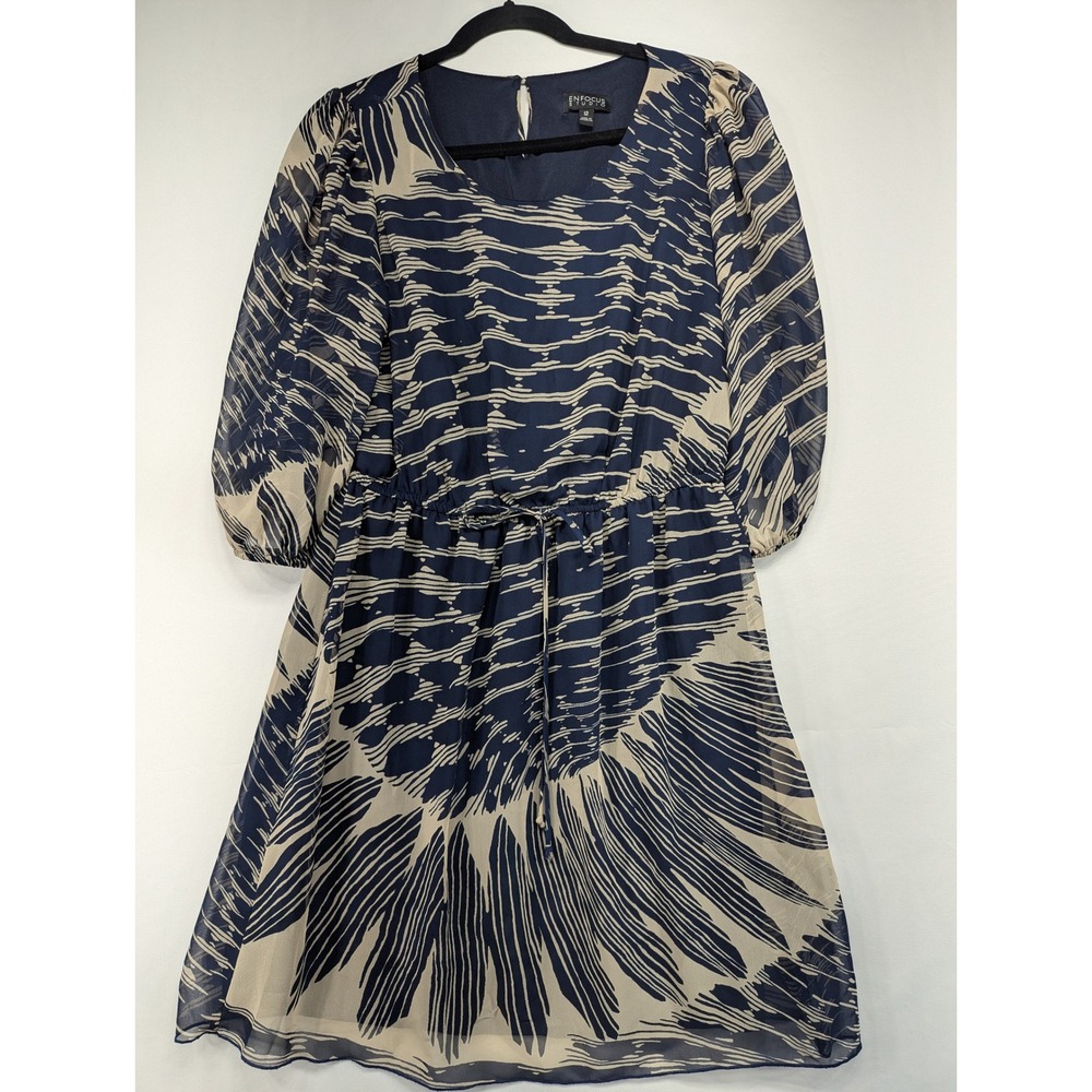 Enfocus Studio Navy Beige Abstract Print Elastic Waist Midi Dress‎ Size 12
